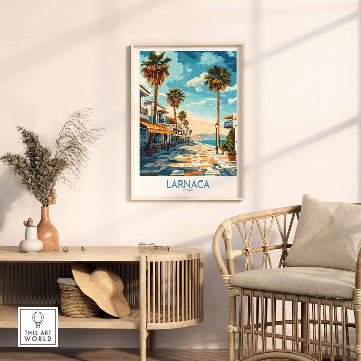 Larnaca Cyprus Finikoudes Beach wall art print featuring palm trees and a vibrant seaside atmosphere.