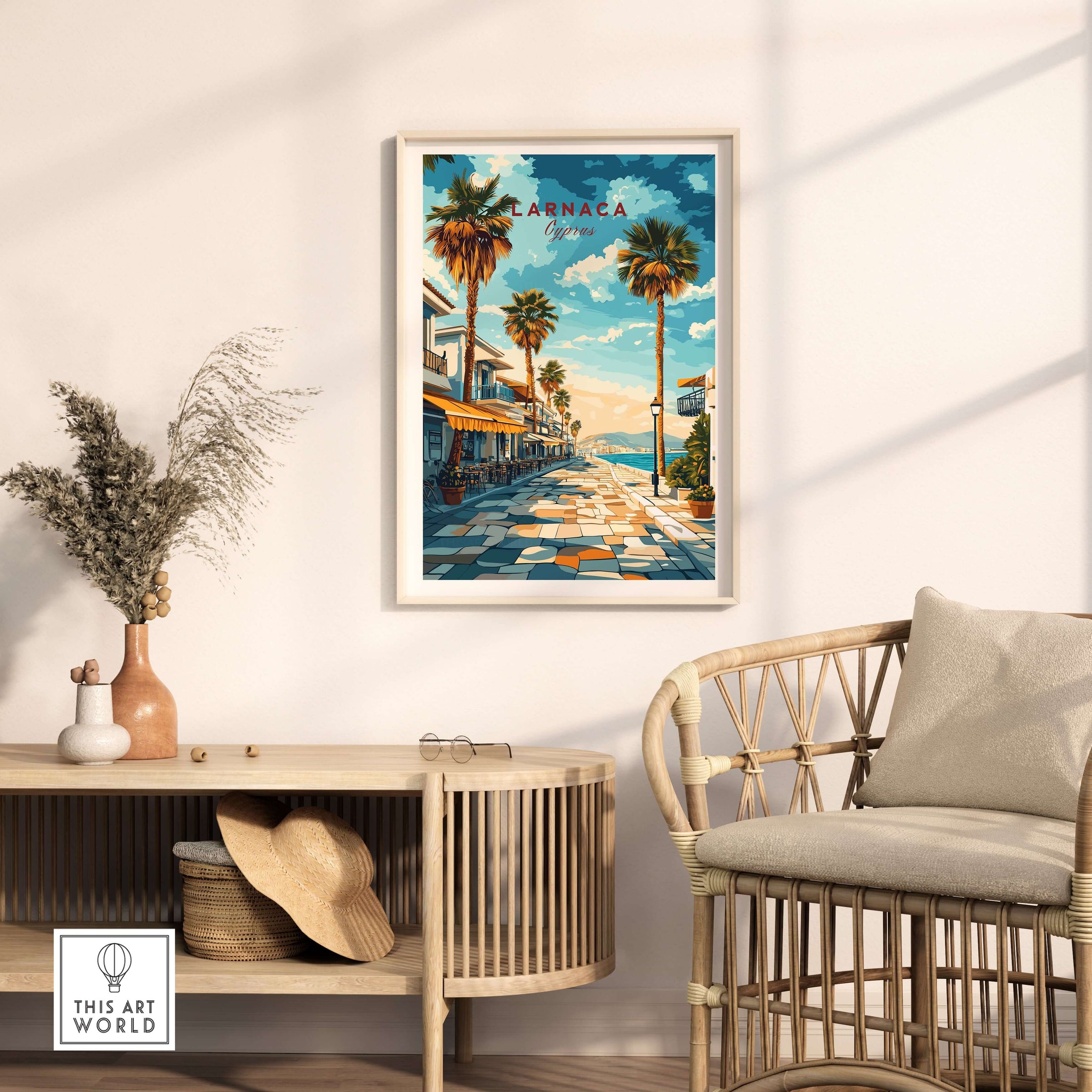 Larnaca Cyprus Poster - Travel Print showcasing palm trees and a coastal scene in a stylish home setting.