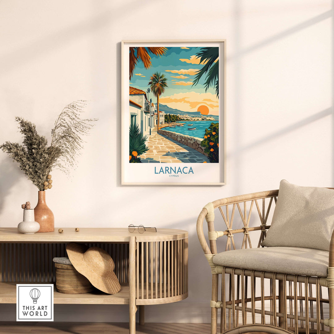 Larnaca Cyprus wall art travel poster showcasing coastal views and Mediterranean charm in a stylish living room setting.