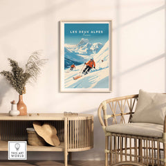 Vibrant Les Deux Alpes travel poster displayed in a cozy living room setting with modern decor and furniture.