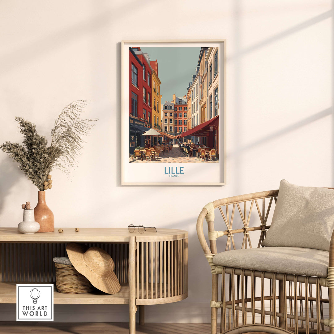 Lille France French Cafe Culture poster showcasing vibrant cafes and colorful buildings in Northern France decor.