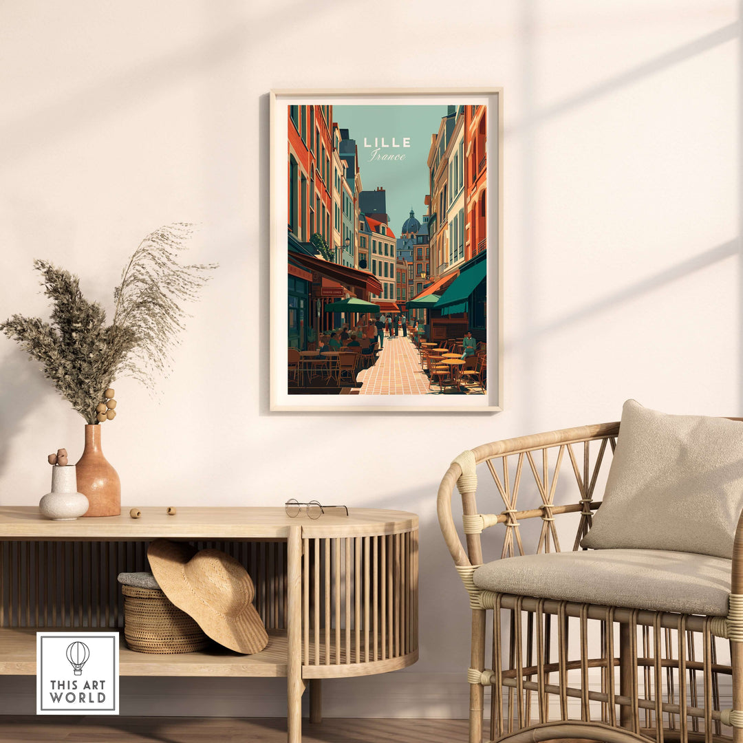 Lille France Old Town Square poster in stylish living room setting showcasing vibrant European city charm.