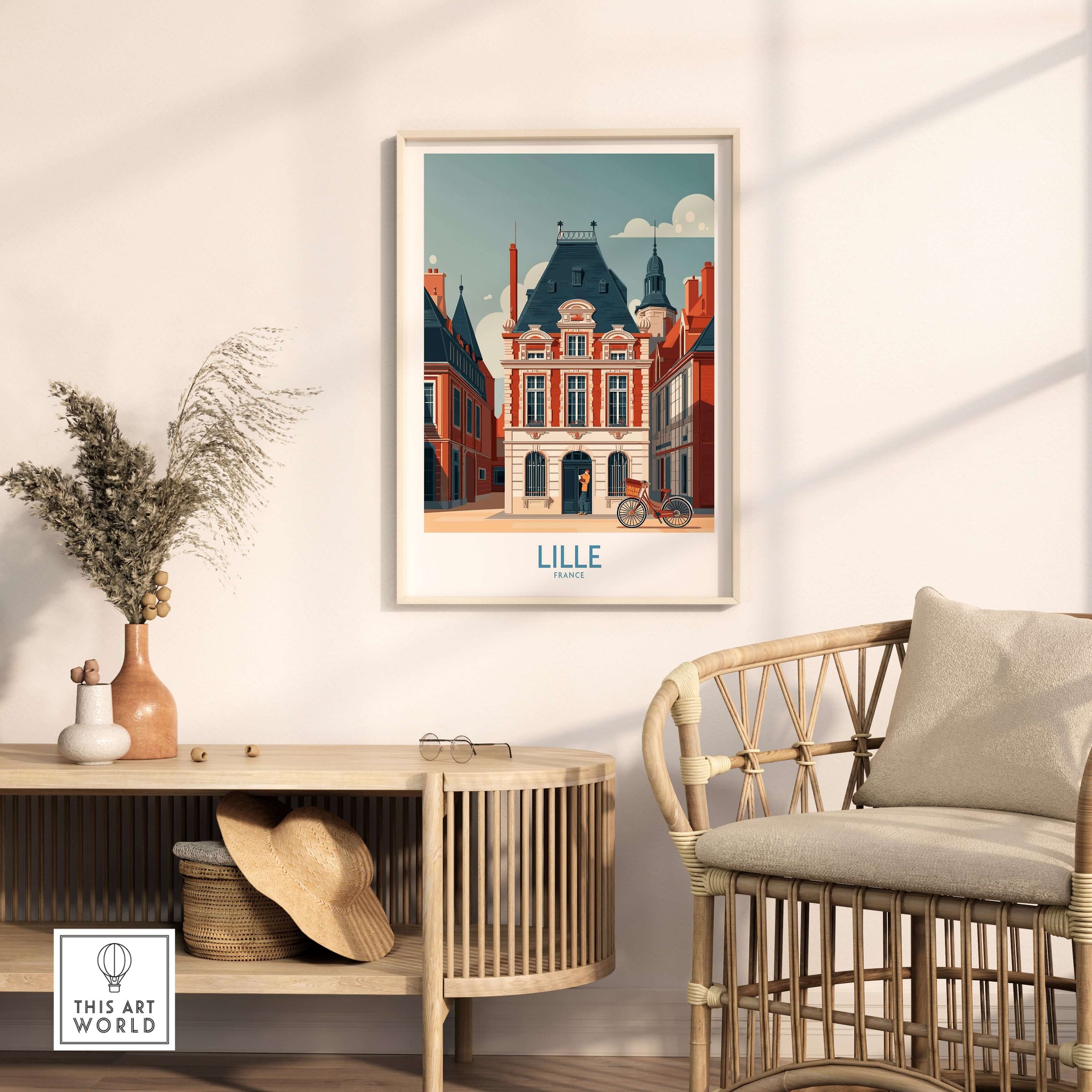 Lille France Poster - Charming European City Scene framed in a stylish room with a cozy chair and decor.