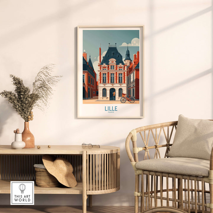 Lille France poster featuring a charming European city scene framed on a cozy wall with stylish decor.