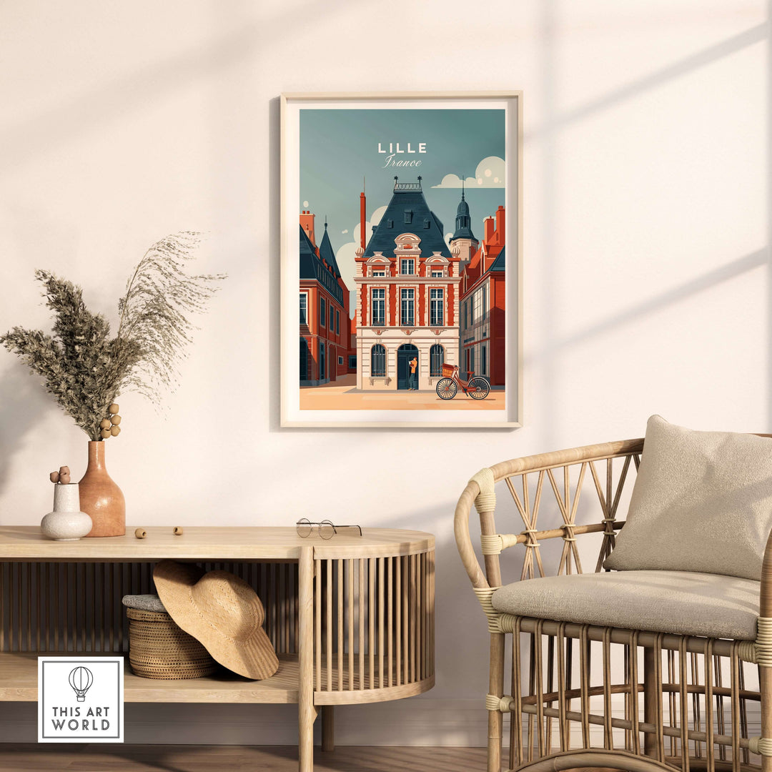 Lille France print showcasing historic architecture, displayed in a stylish living room setting.