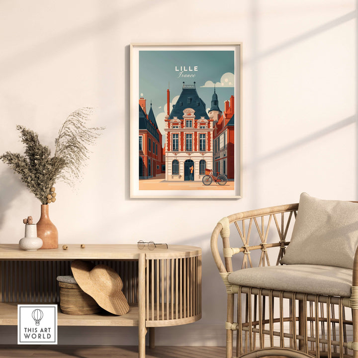 Lille France print showcasing historic architecture, displayed in a stylish living room setting.