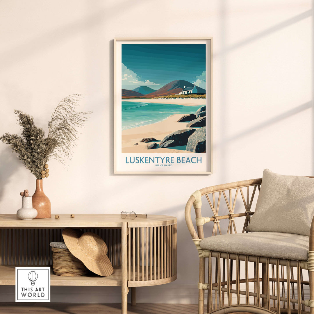 Luskentyre Beach wall art print featuring turquoise water and serene Hebridean seascape in a stylish living room setting.