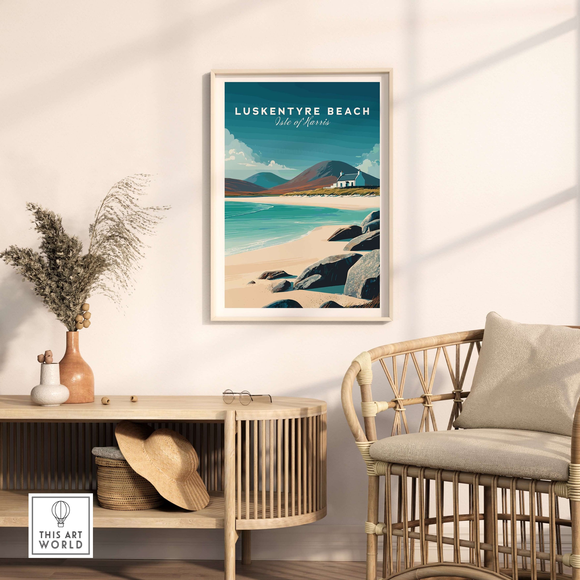 Luskentyre Beach Print Isle of Harris White Sand Coastal Poster - Scottish Island Wall Art displayed in a home interior.