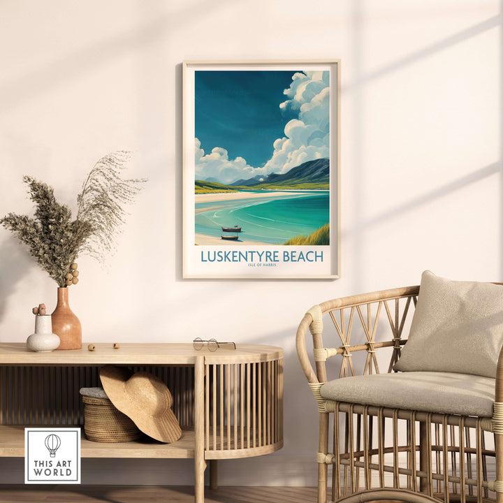 Luskentyre Beach Isle of Harris wall art print displayed in a serene home interior setting.