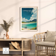 Luskentyre Beach Print Isle of Harris Print - Scottish Coastal Landscape Poster displayed in a cozy living room setting.