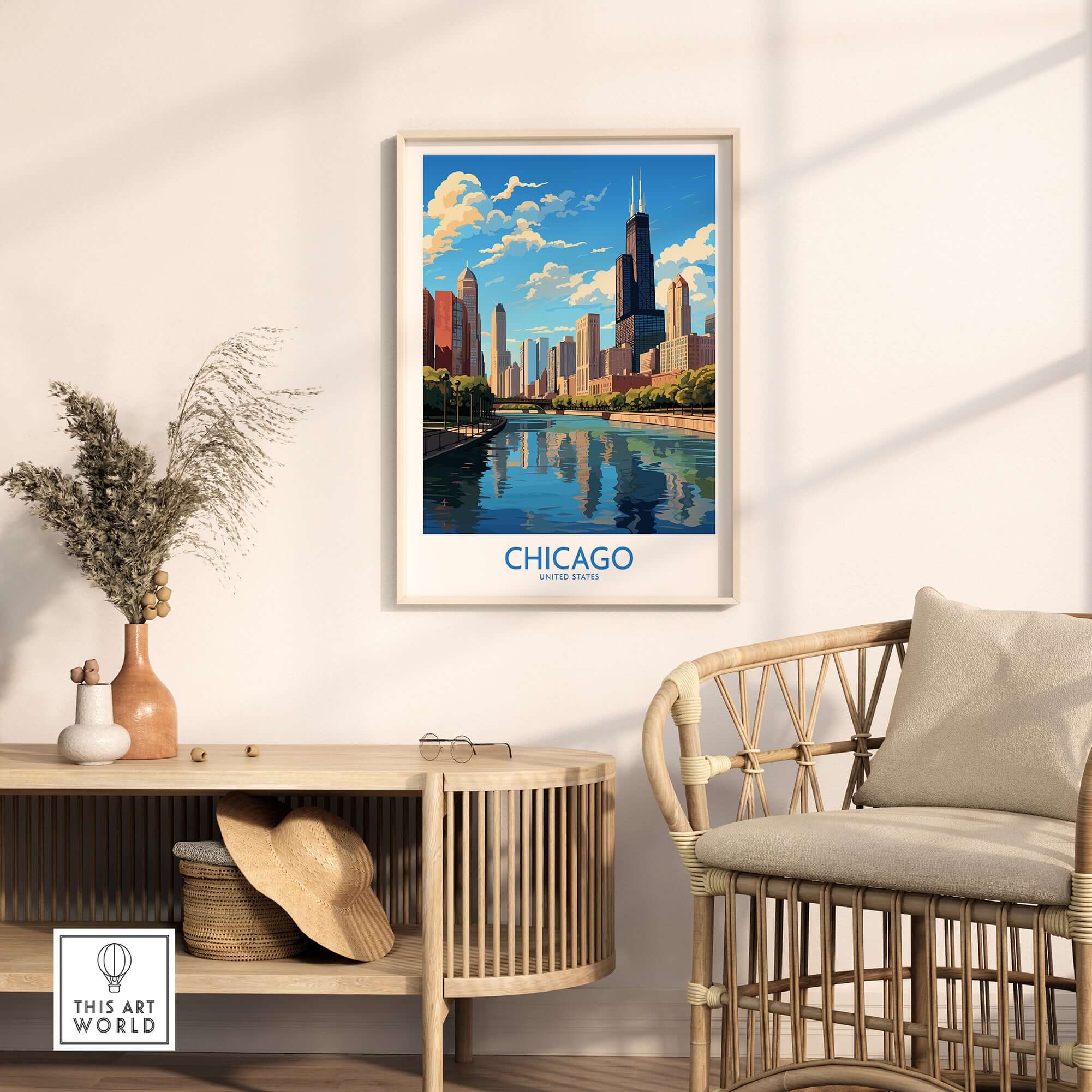 Chicago wall art print featuring a vibrant skyline and river, perfect for home decor, framed in a modern setting.