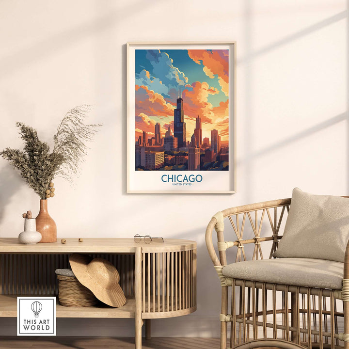 Chicago travel poster featuring a stunning sunset over the city skyline, displayed in a stylish interior setting.
