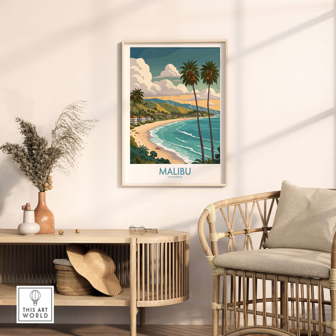 Malibu California beach poster in a stylish interior setting, showcasing coastal views and vibrant ocean colors.