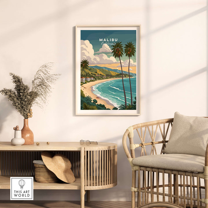 Malibu California beach wall art print displayed in a modern living room with coastal decor and greenery.