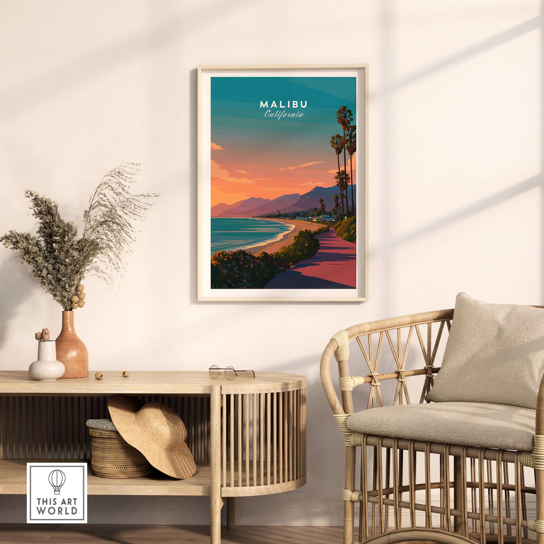 Malibu beach sunset print framed on wall, showcasing vibrant coast and serene scenery, perfect for beach-themed decor.