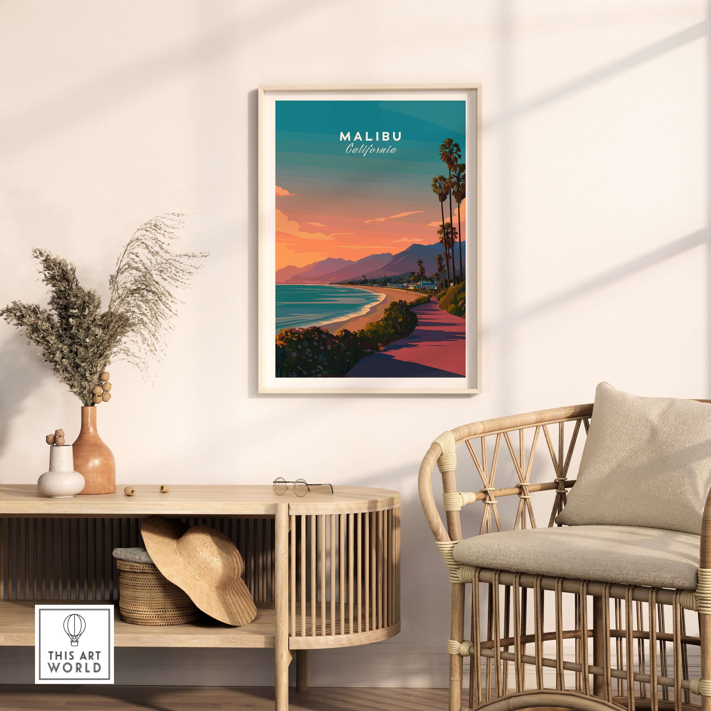 Malibu California Beach Sunset Print - Pacific Coast Highway Wall Art displayed in a stylish interior setting.