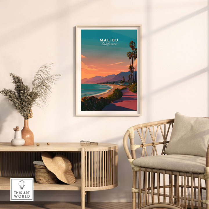 Malibu beach sunset print framed on wall, showcasing vibrant coast and serene scenery, perfect for beach-themed decor.