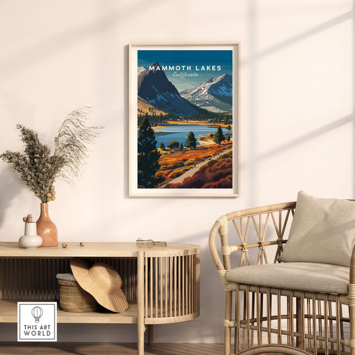 Mammoth Lakes California mountain trail print framed on wall, showcasing vibrant Sierra Nevada landscape.
