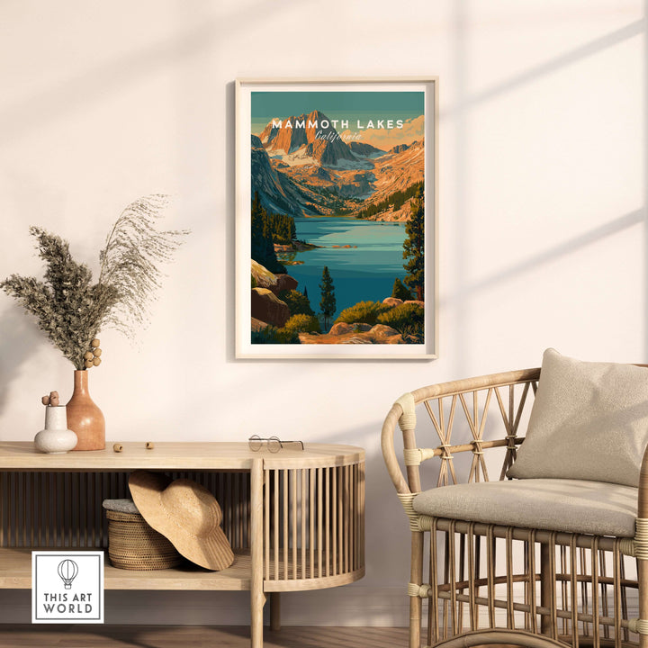 Mammoth Lakes poster showcasing rugged mountain scenery in a stylish room with natural decor.