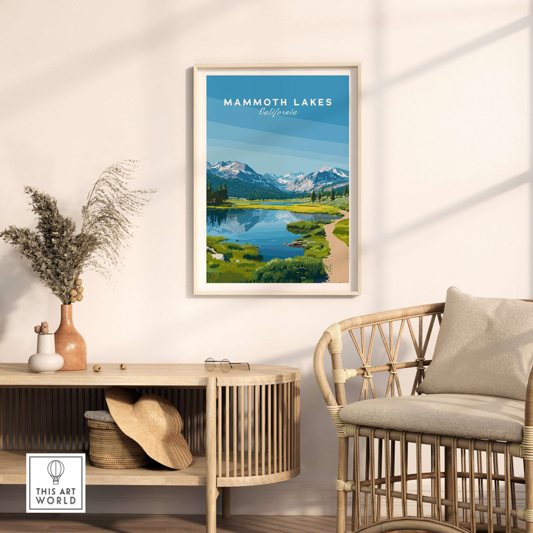 Mammoth Lakes California scenic print featuring mountains and tranquil water in a stylish living room setting.