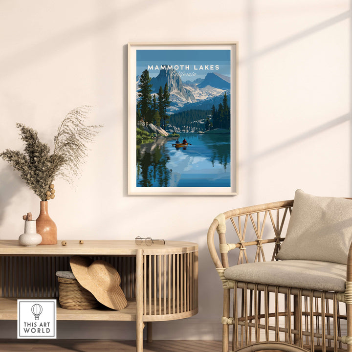 Mammoth Lakes mountain adventure wall art featuring serene lake and rugged peaks, perfect for nature enthusiasts.