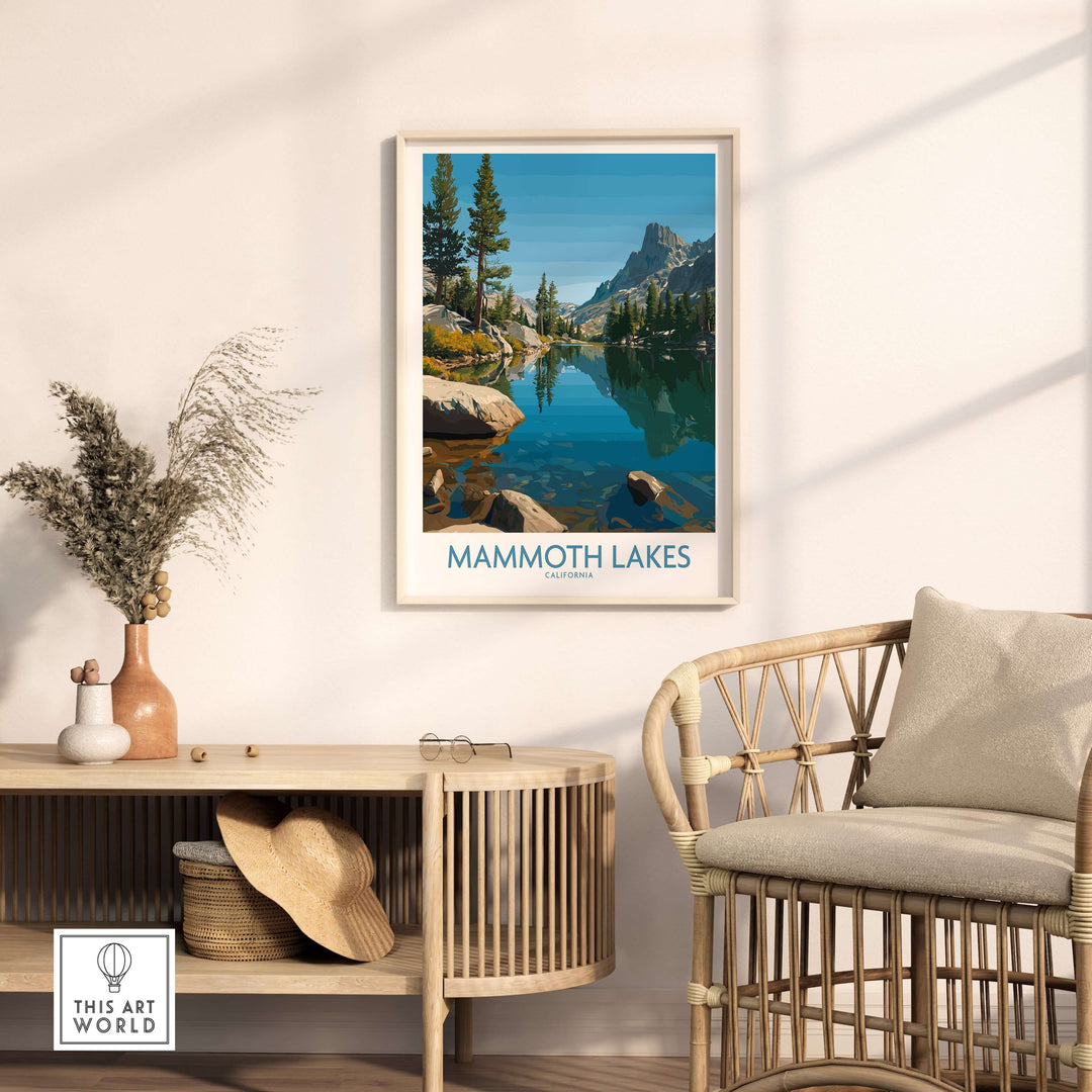 Mammoth Lakes California wall art print showcasing serene mountain landscapes and tranquil waters in a stylish interior.