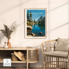 Mammoth Lakes California Poster displayed in a cozy living room, highlighting stunning mountain scenery and tranquil waters.