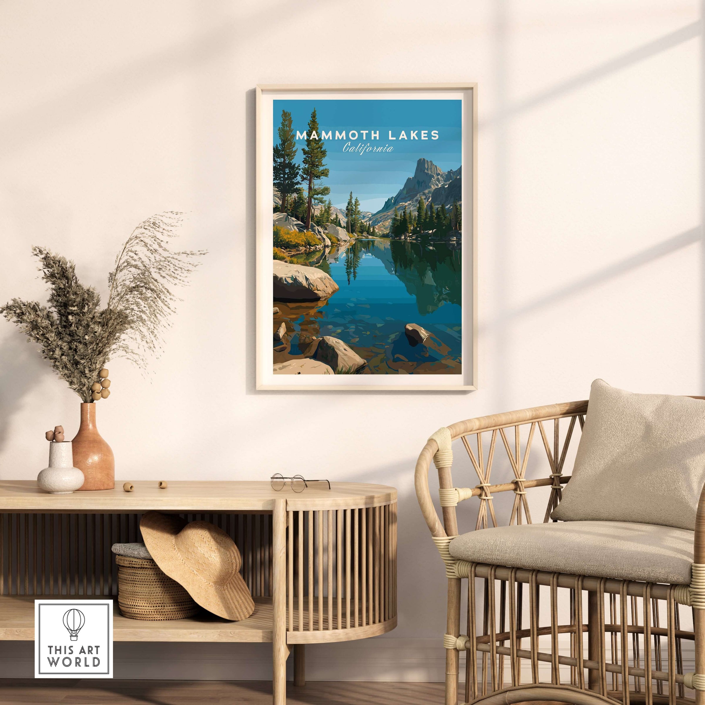 Mammoth Lakes California Poster displayed in a cozy living room, highlighting stunning mountain scenery and tranquil waters.