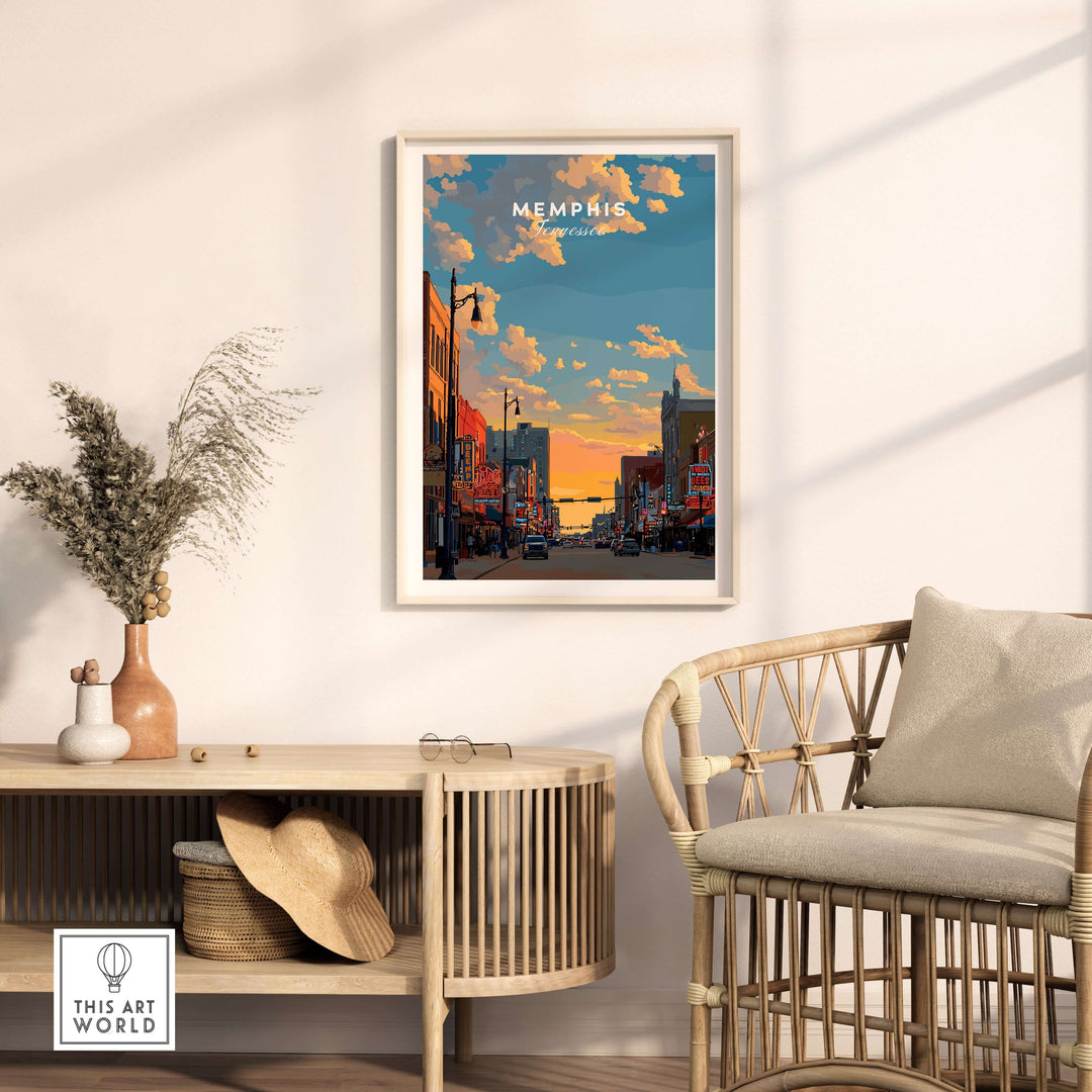 Memphis Tennessee travel poster showcasing a vibrant street scene with historic buildings and a colorful sunset.