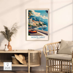 Monte Carlo Wall Art Monaco Travel Poster featuring a vibrant coastal scene with luxury architecture and a sports car.