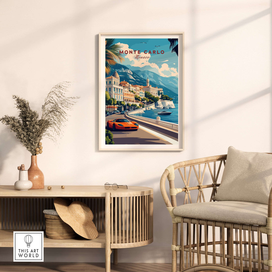 Monte Carlo travel poster featuring a vibrant cityscape, luxury cars, and Mediterranean scenery in a stylish interior setting.