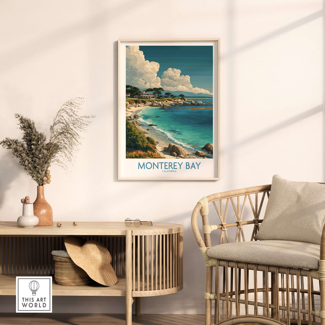 Monterey Bay California travel poster showcased in a chic living room setting with coastal decor.