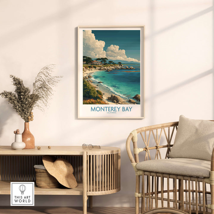 Monterey Bay California travel poster showcased in a chic living room setting with coastal decor.