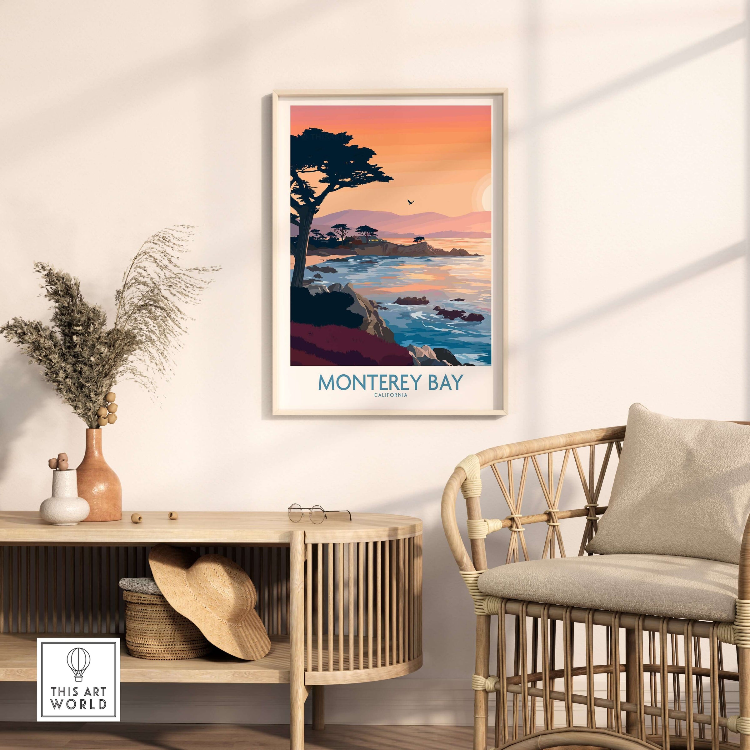 Monterey Bay California Sunset Coastline Poster - Cypress Tree Wall Art displayed in a cozy living space.