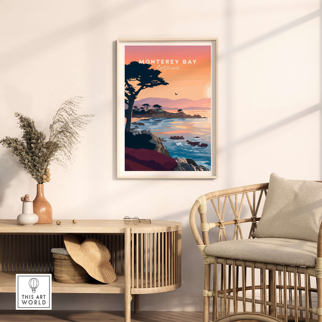 Monterey Bay sunset poster showcasing cypress trees and coastline, perfect for coastal decor.