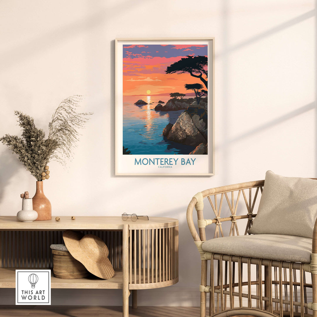 Monterey Bay poster featuring vibrant sunset over ocean, ideal for coastal decor enthusiasts.