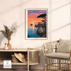 Monterey Bay Print California - Pacific Grove Wall Art displayed in a cozy living room setting with sunset over the ocean.