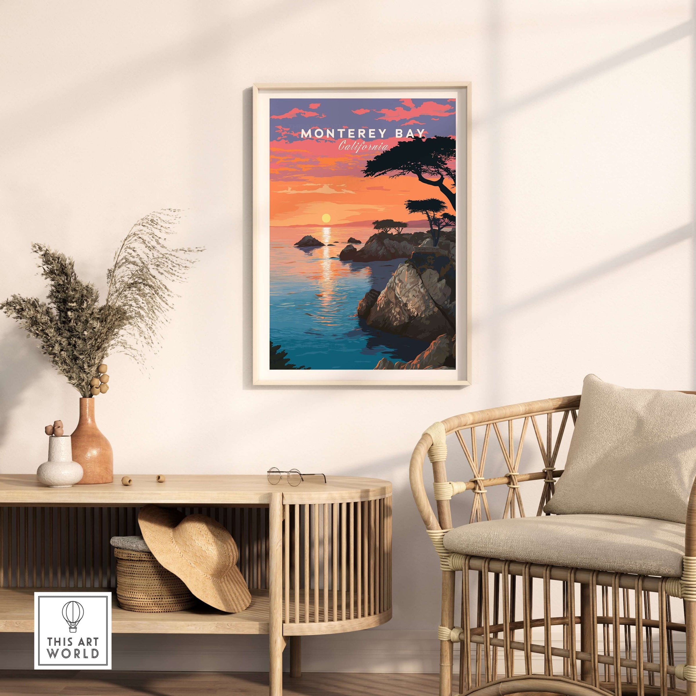 Monterey Bay Print California - Pacific Grove Wall Art displayed in a cozy living room setting with sunset over the ocean.