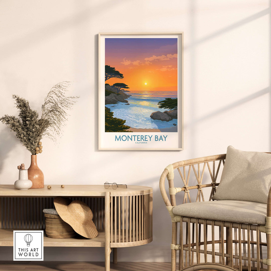 Monterey Bay California beach poster displayed in a stylish living room setting with sunset and coastal views.