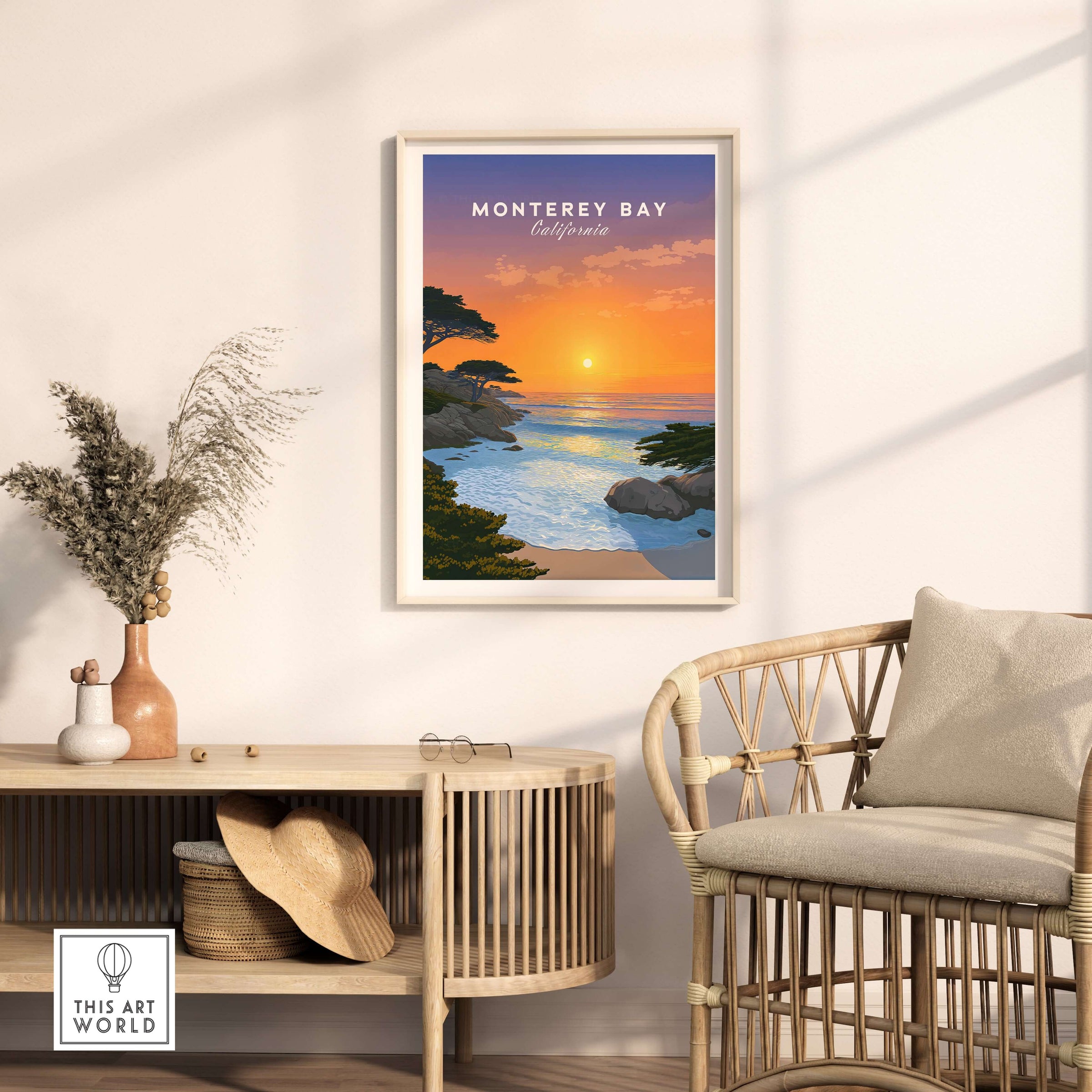 Monterey Bay California Print - Stunning Sunset Wall Art displayed in a cozy living room setting with natural decor.