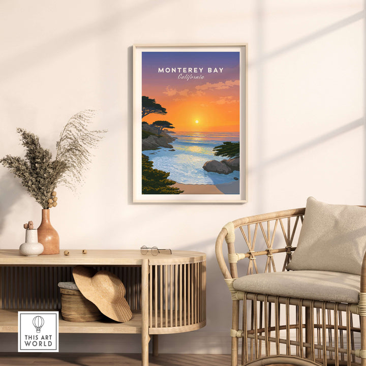 Monterey Bay California sunset print showcasing vibrant colors and serene coastal views in a stylish living room.