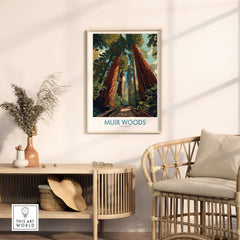 Muir Woods California National Monument Poster - California Nature Print displayed in a cozy living room setting.