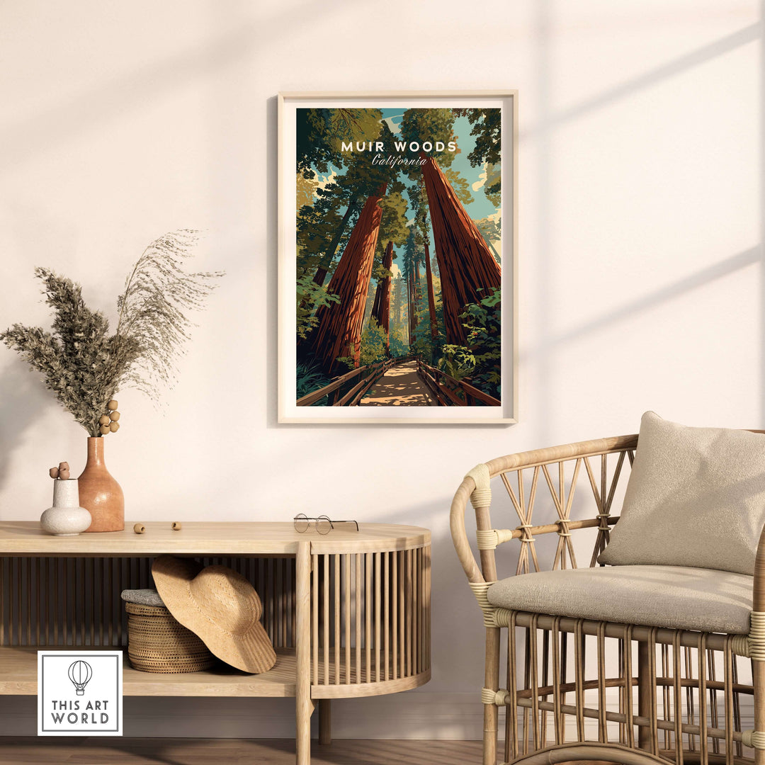 Muir Woods California Redwood Forest trail print framed on a wall above a cozy seating area with natural decor.
