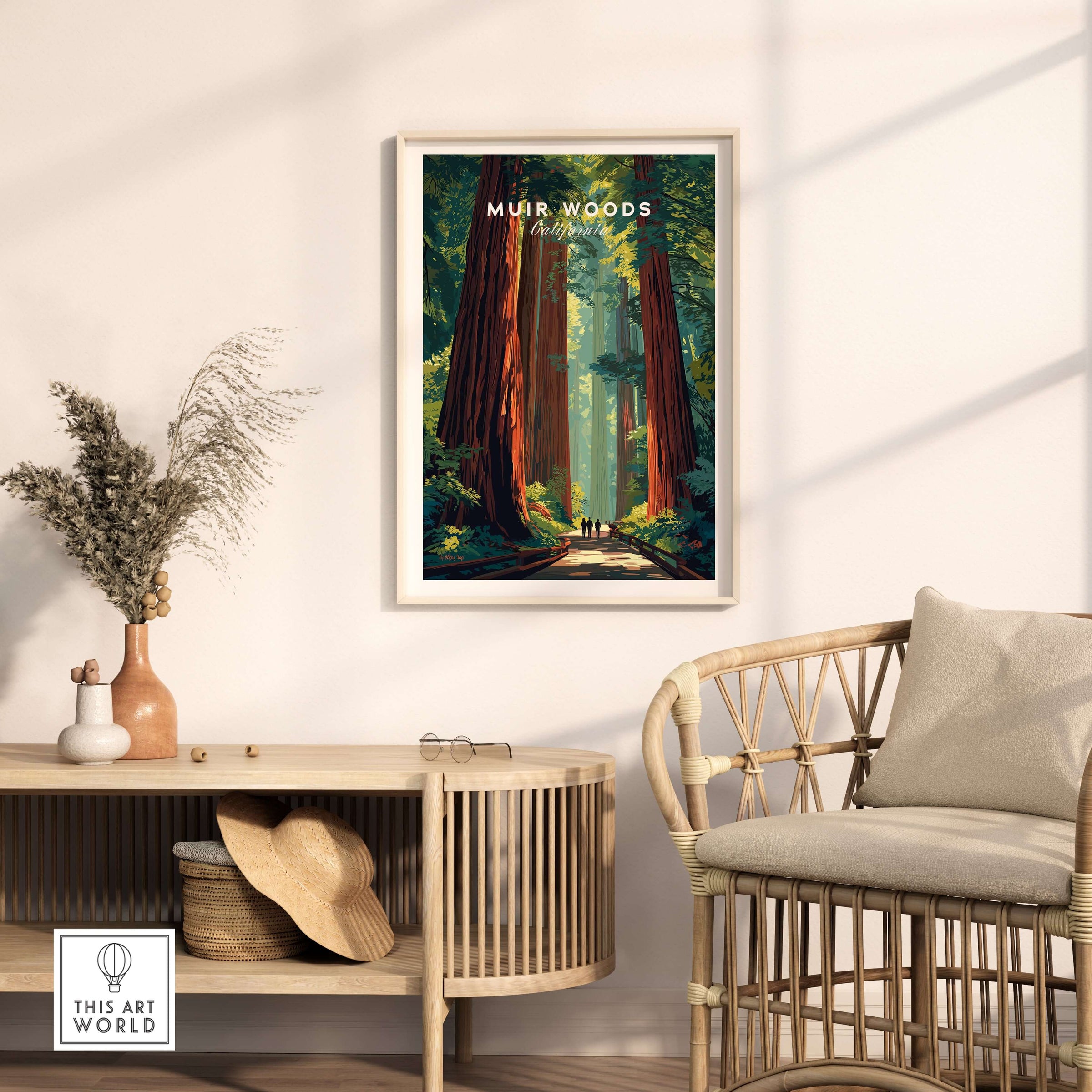 Muir Woods Poster California - Redwood Wall Art featuring towering trees in serene forest setting.