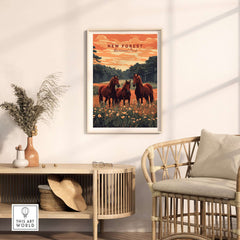 New Forest Print showcasing horses in a natural landscape, perfect for home decor inspired by nature.