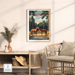 New Forest Print National Park framed poster featuring horses and serene nature in living room decor.