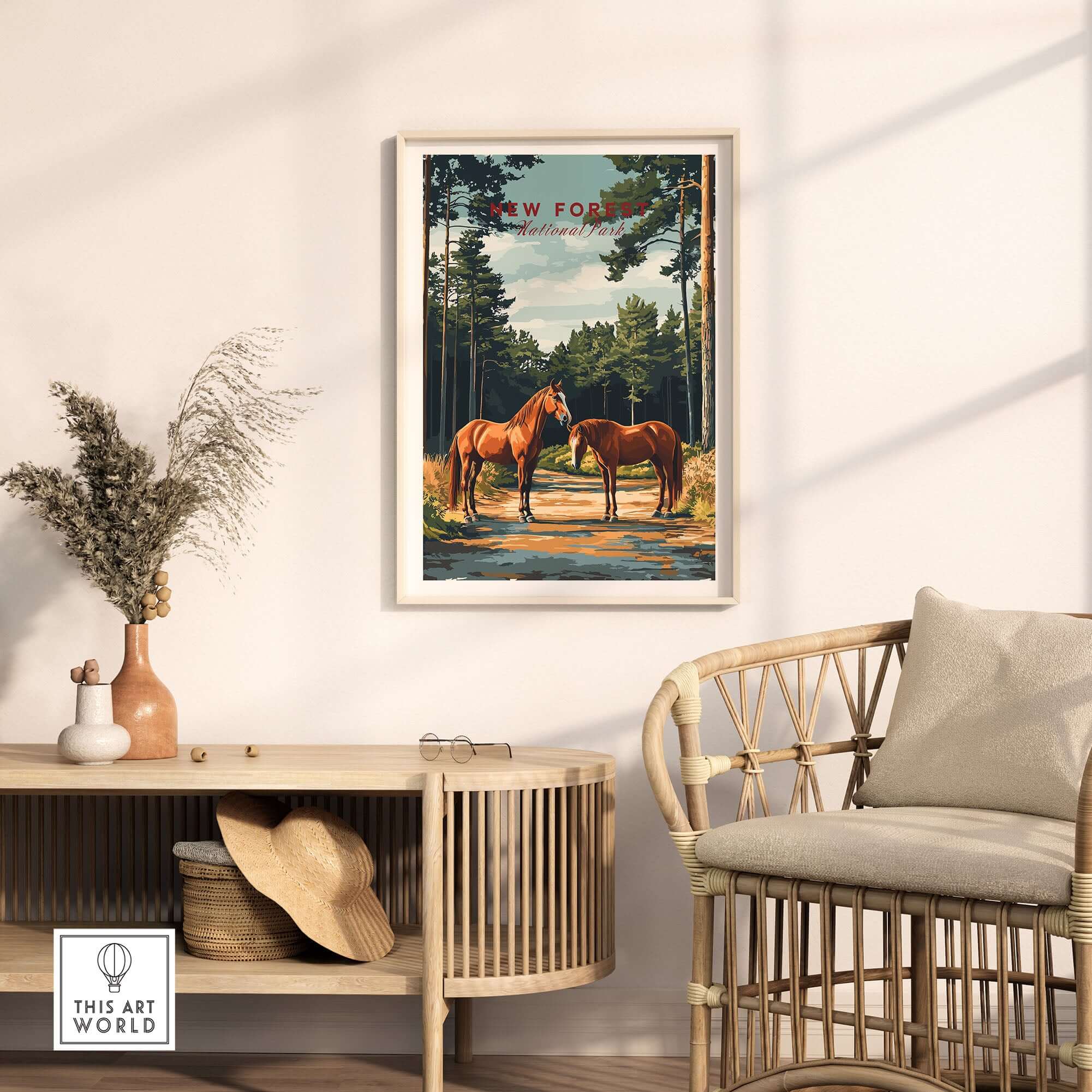 New Forest Print National Park framed poster featuring horses and serene nature in living room decor.
