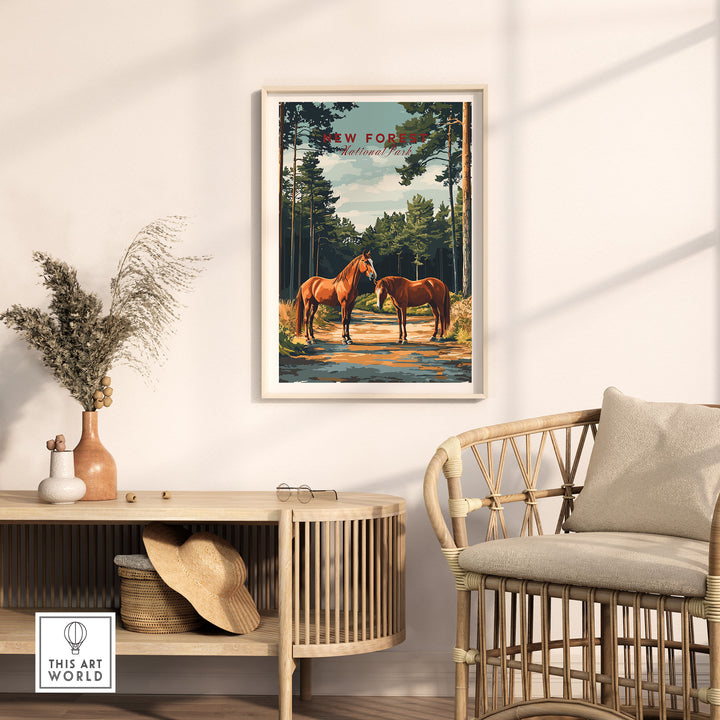 "New Forest Print poster featuring horses and landscapes in UK National Park setting, displayed in cozy living room."