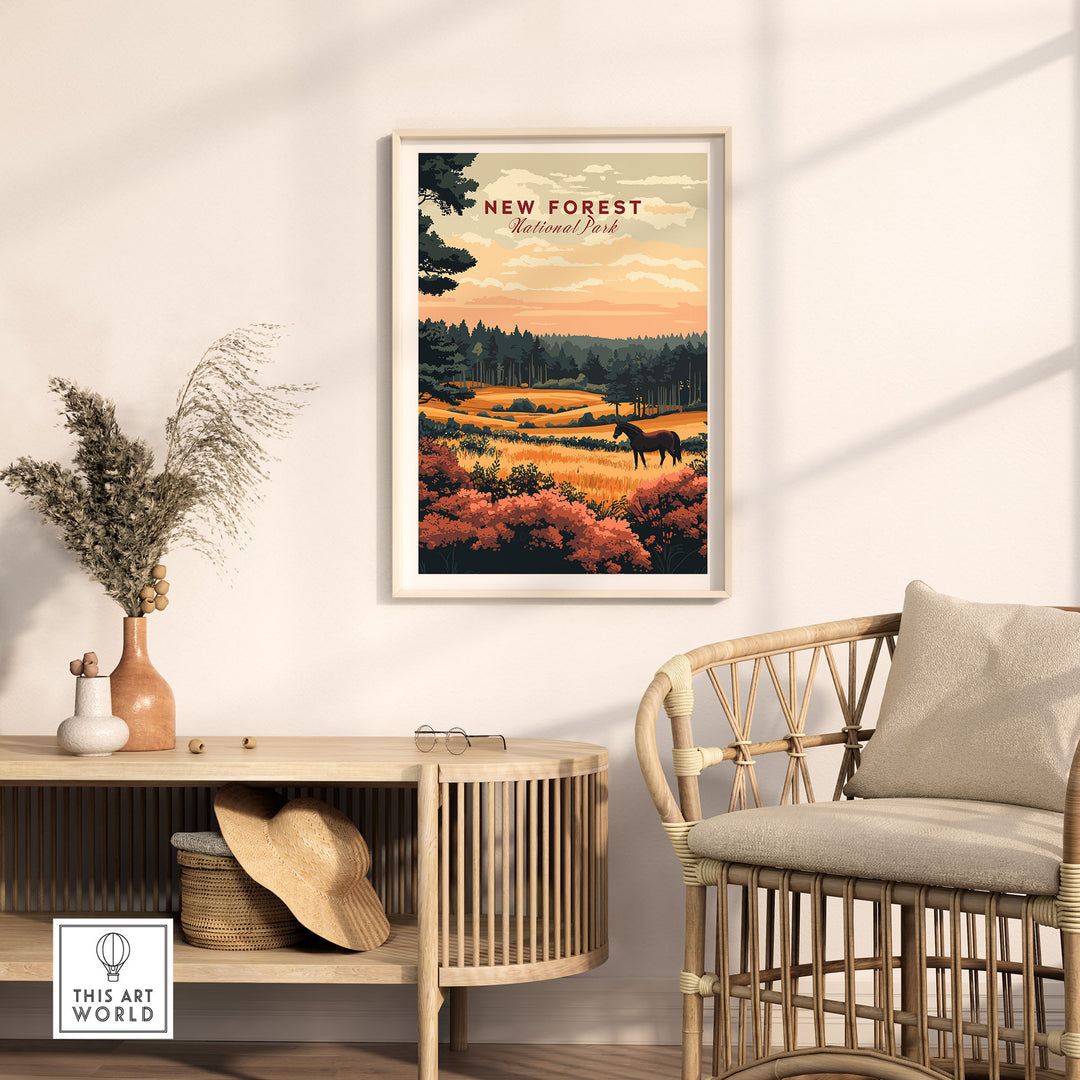 New Forest England National Park print on wall with rattan chair and wooden table, showcasing vibrant nature scenery and home decor.