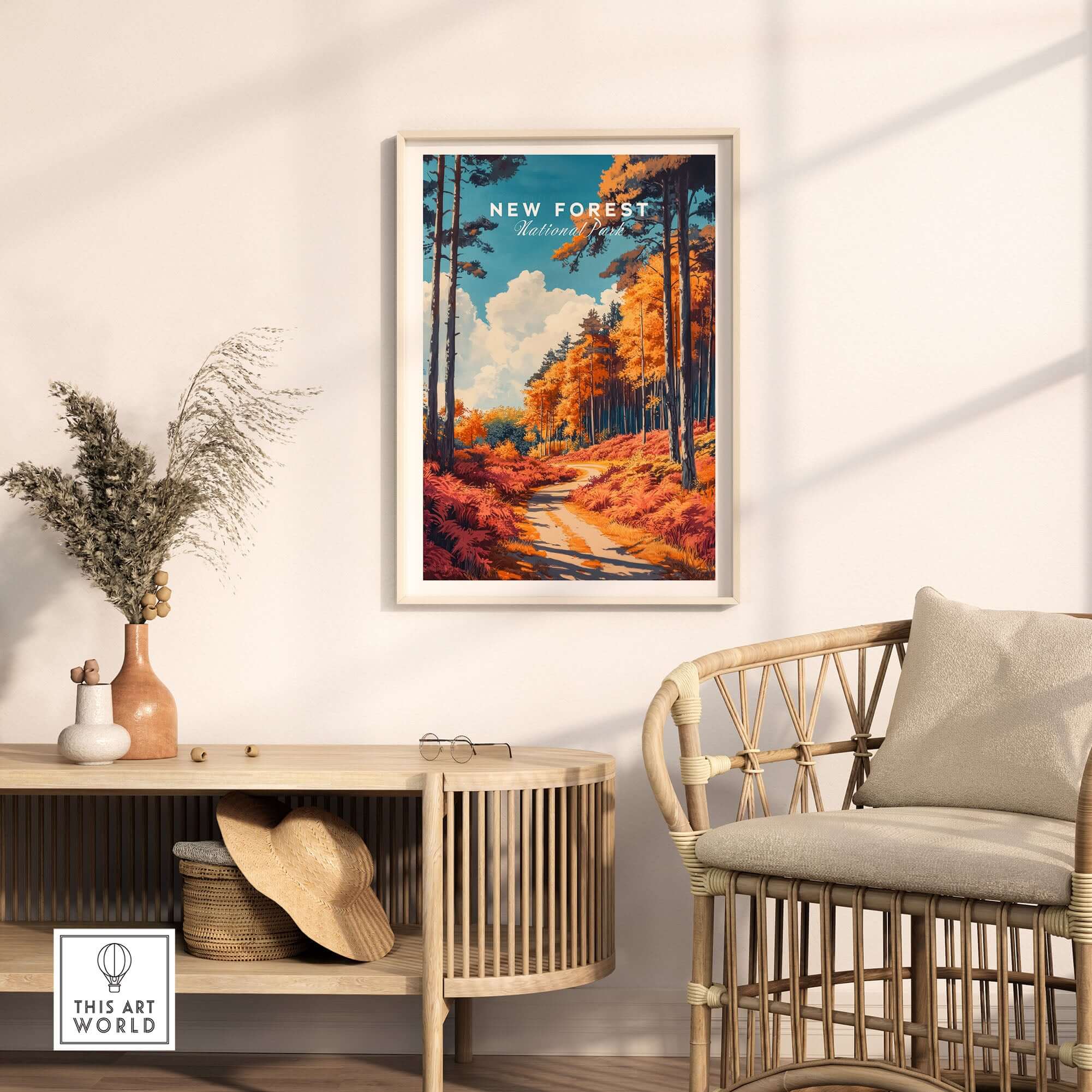 New Forest Travel Poster England displaying a vibrant landscape in a stylish living room setting.